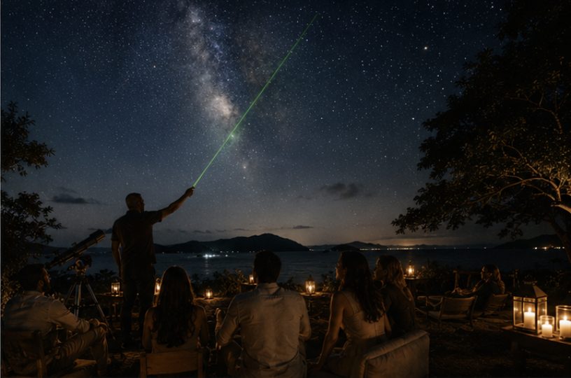 A host pointing out the Milky Way with a green laser to a small group of seated guests