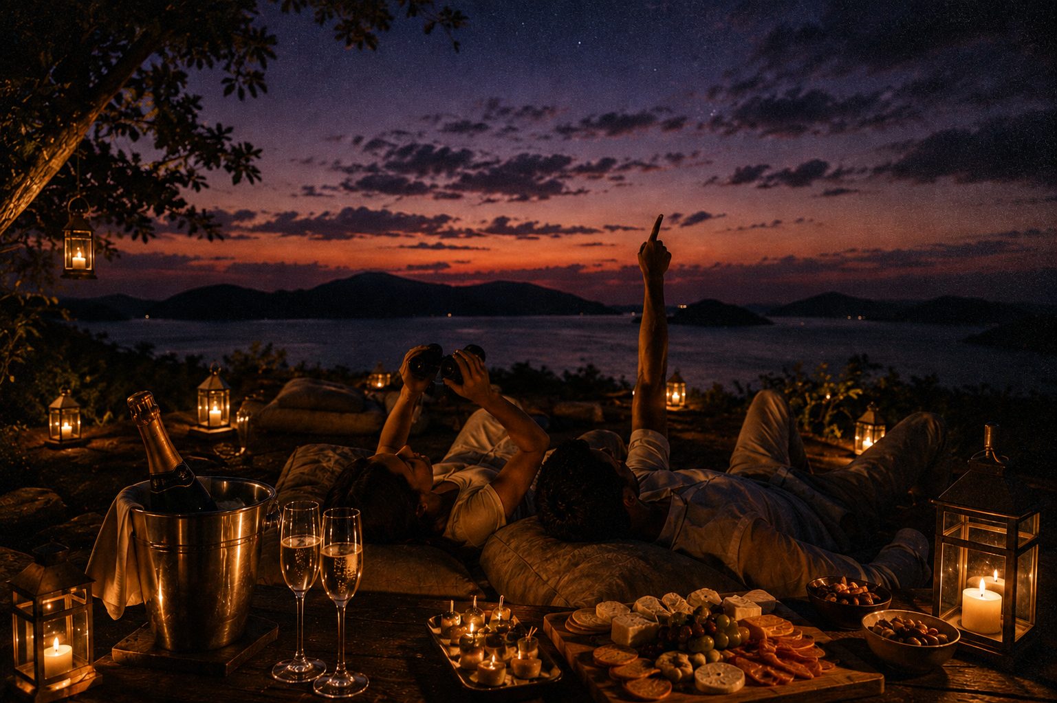 Guests reclining on cushions at dusk with champagne and a cheese board, lanterns lit around them