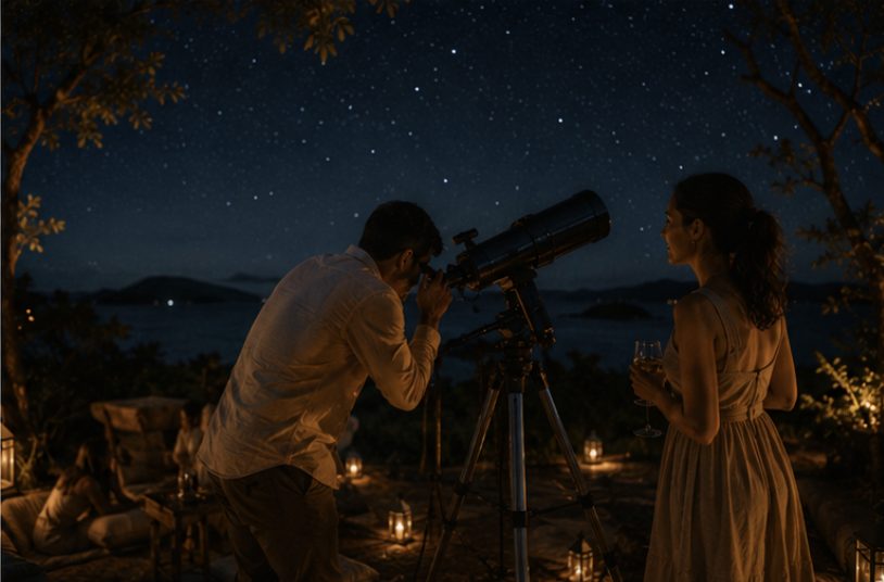 A couple lingering at a telescope at night, one looking through the eyepiece, the other holding a glass of wine