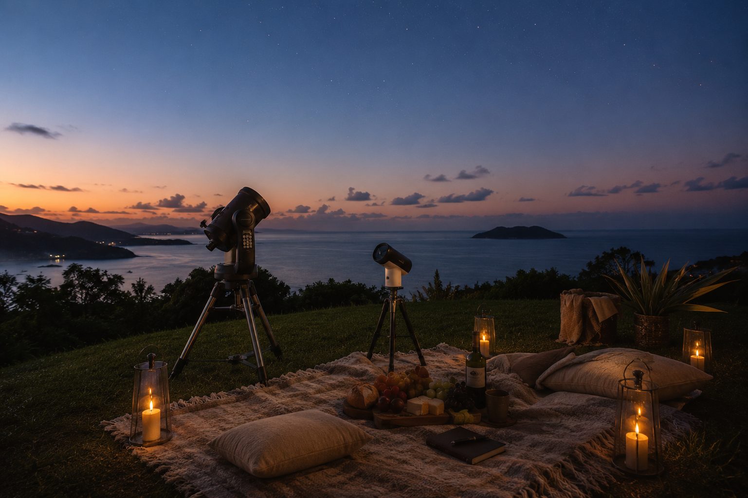 Telescopes and a picnic set for stargazing at dusk, overlooking the sea