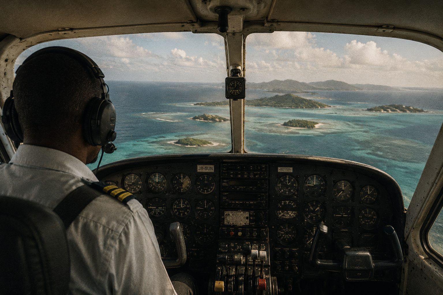 A pilot's view over the shoulder through the cockpit windshield, small reef islands emerging below