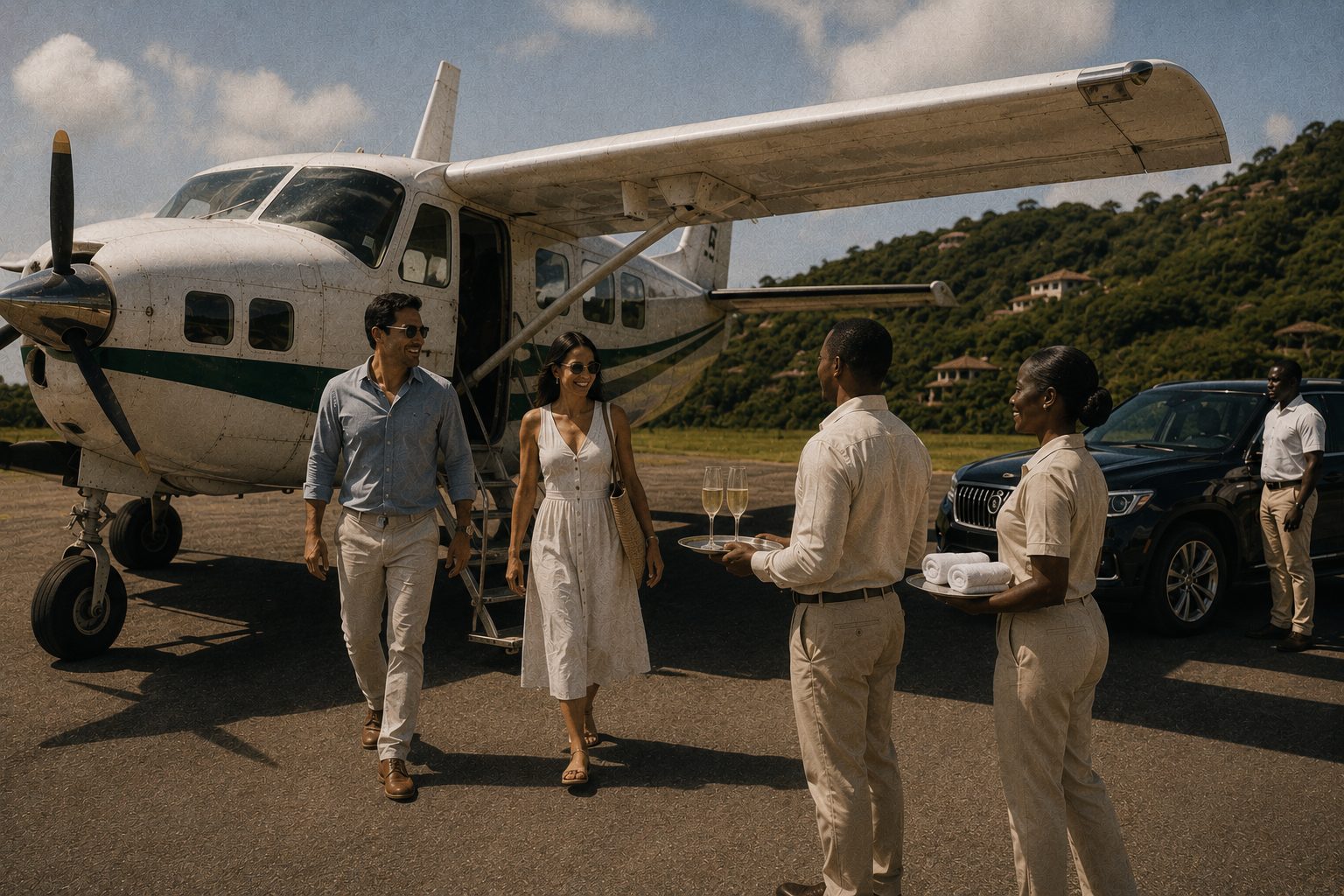 Guests greeted planeside with champagne and towels, a car and villas beyond