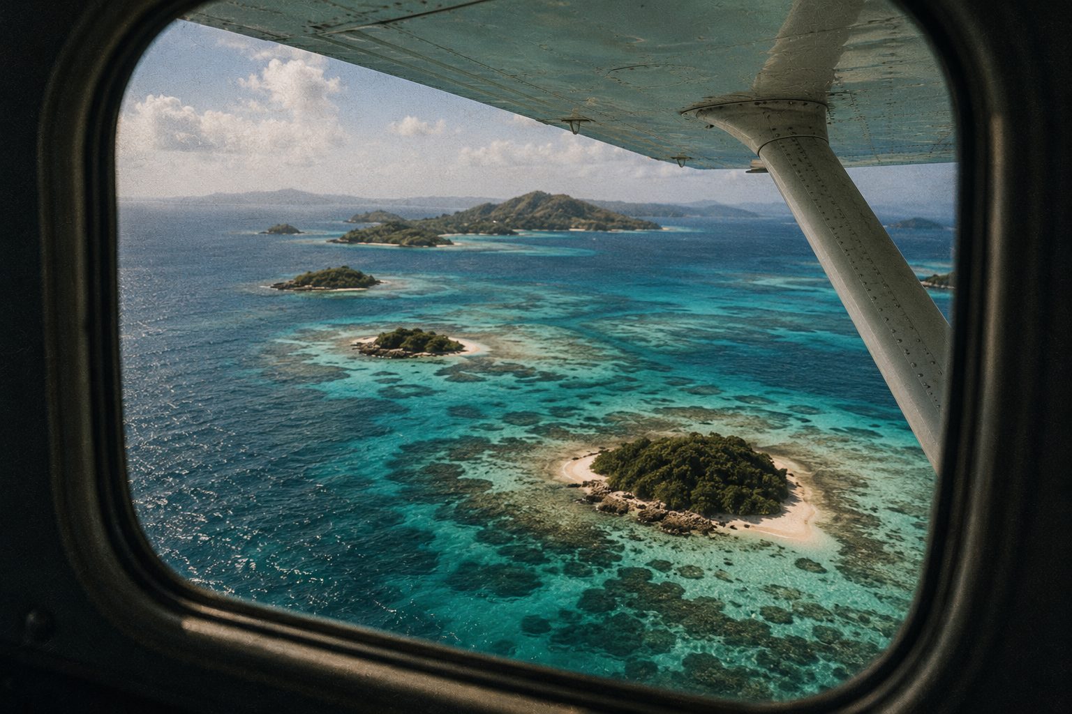 View from a small aircraft window over reef islands and turquoise water, wing visible