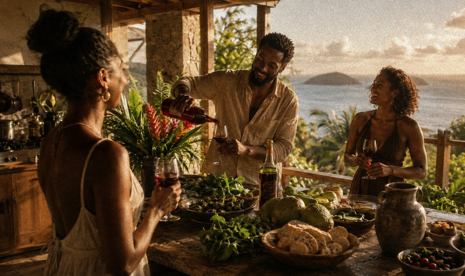 A host pouring wine for arriving guests on a villa terrace, ingredients laid out on the table, sea beyond