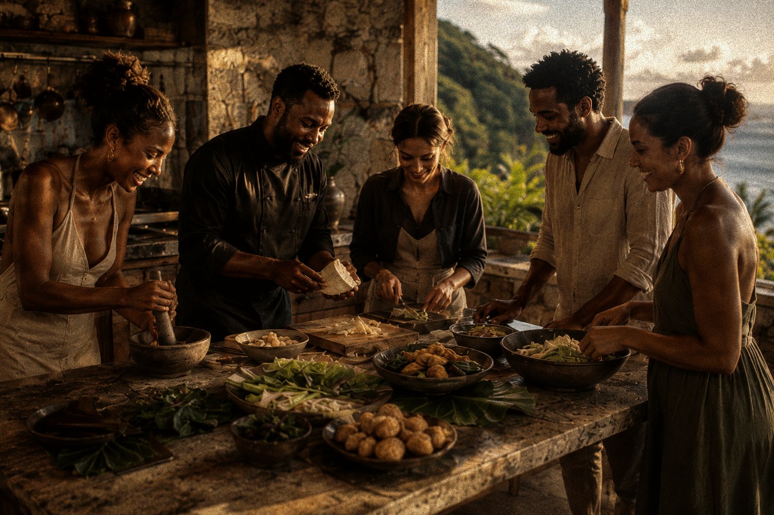 Guests working together at a stone kitchen counter, preparing a Vincentian menu by hand, hills and sea beyond