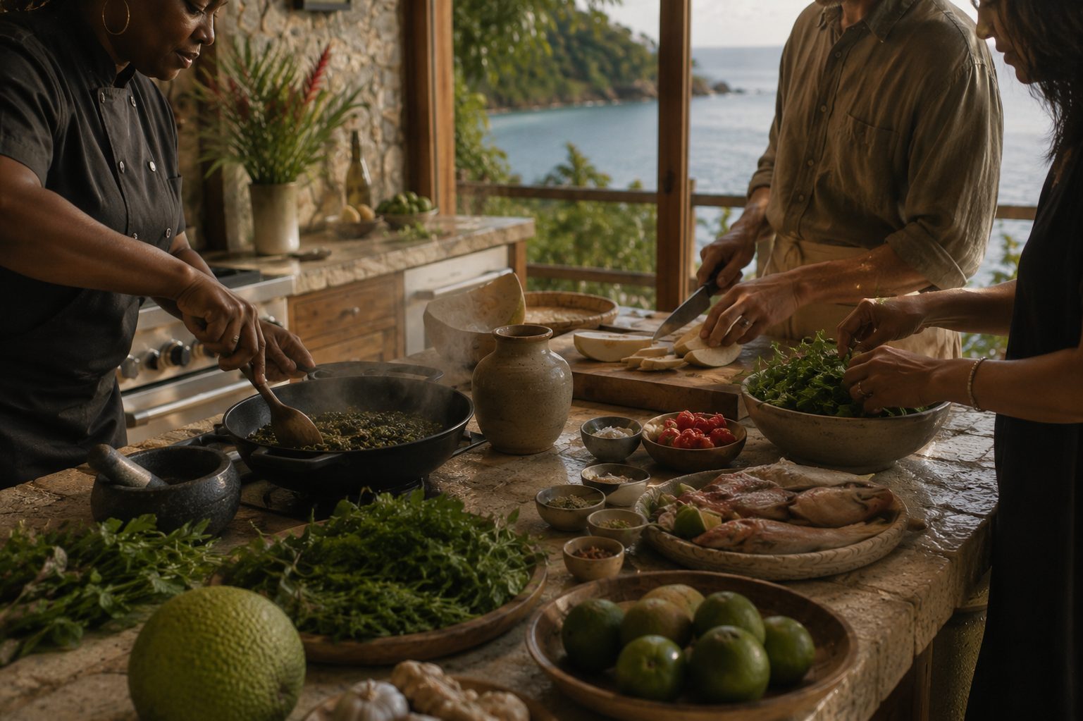 A chef and two guests cooking together at an open villa kitchen counter overlooking the sea