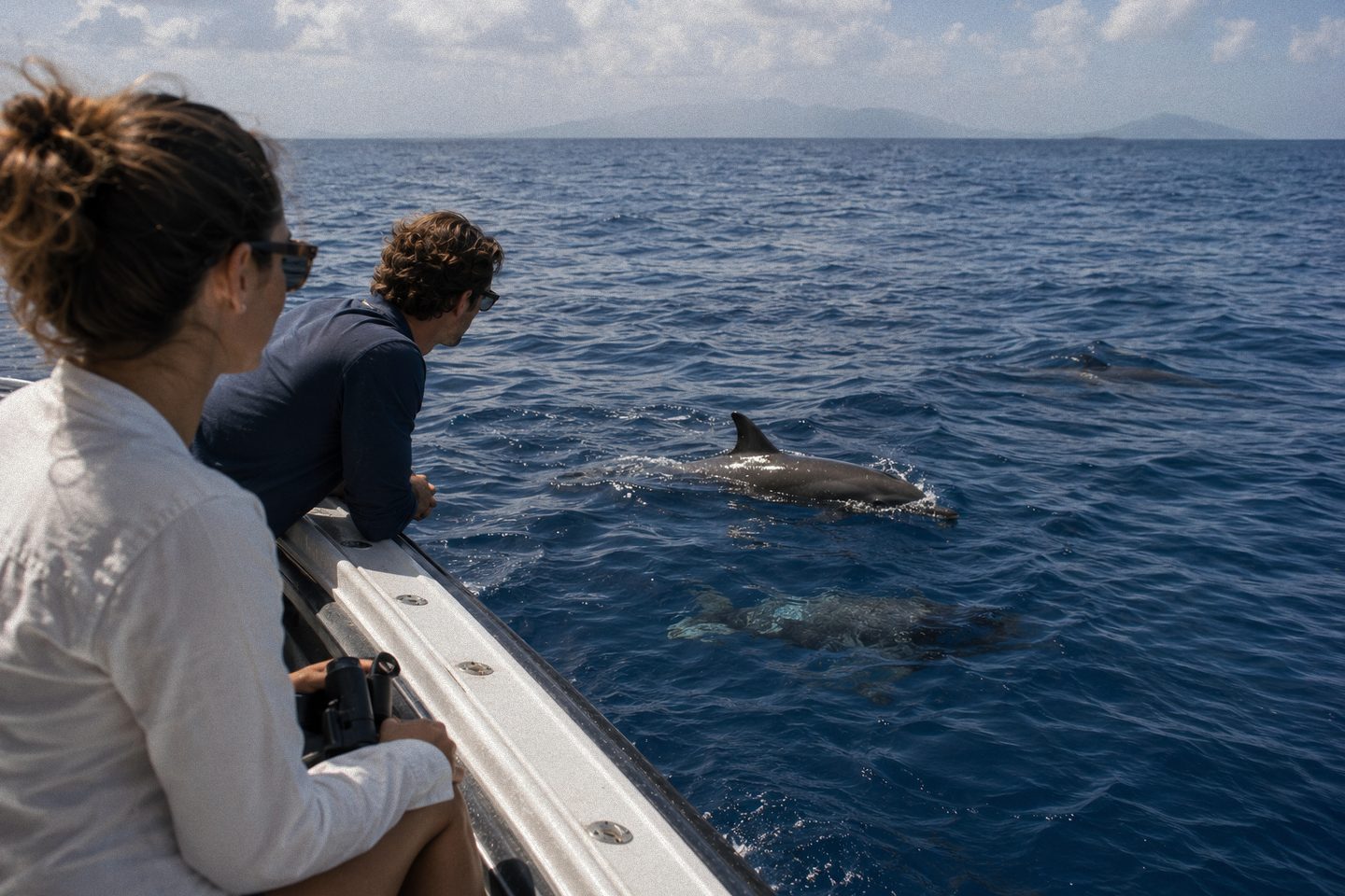 Guests at the rail watching a pod of dolphins surface alongside the boat