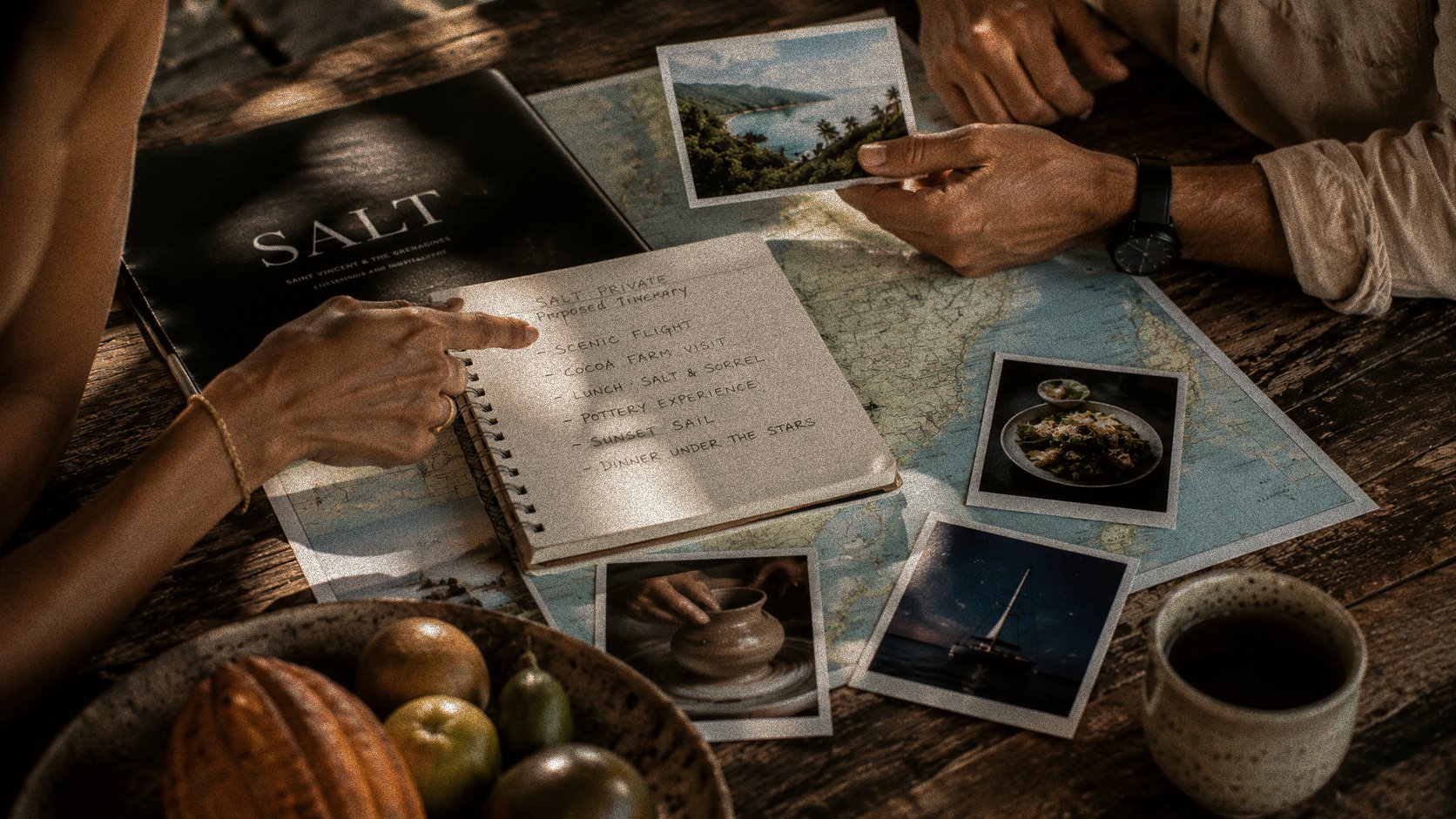 A handwritten SALT Private itinerary on a map, surrounded by polaroids of pottery, food and sailing