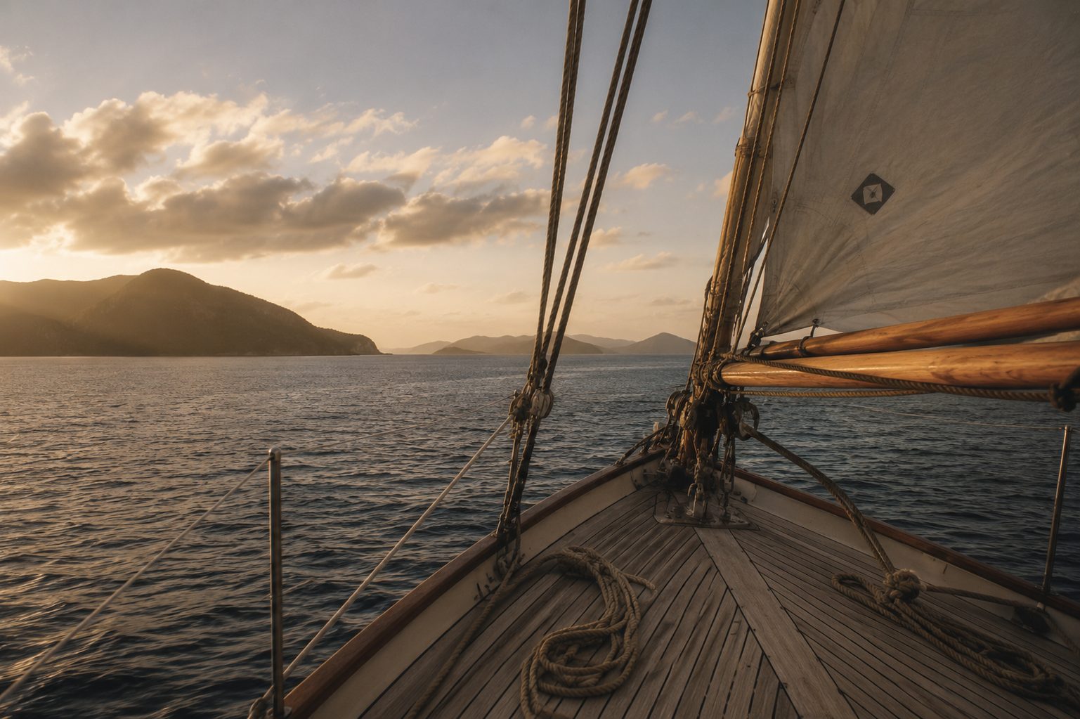 A private sailboat bow at golden hour, sails up, islands ahead