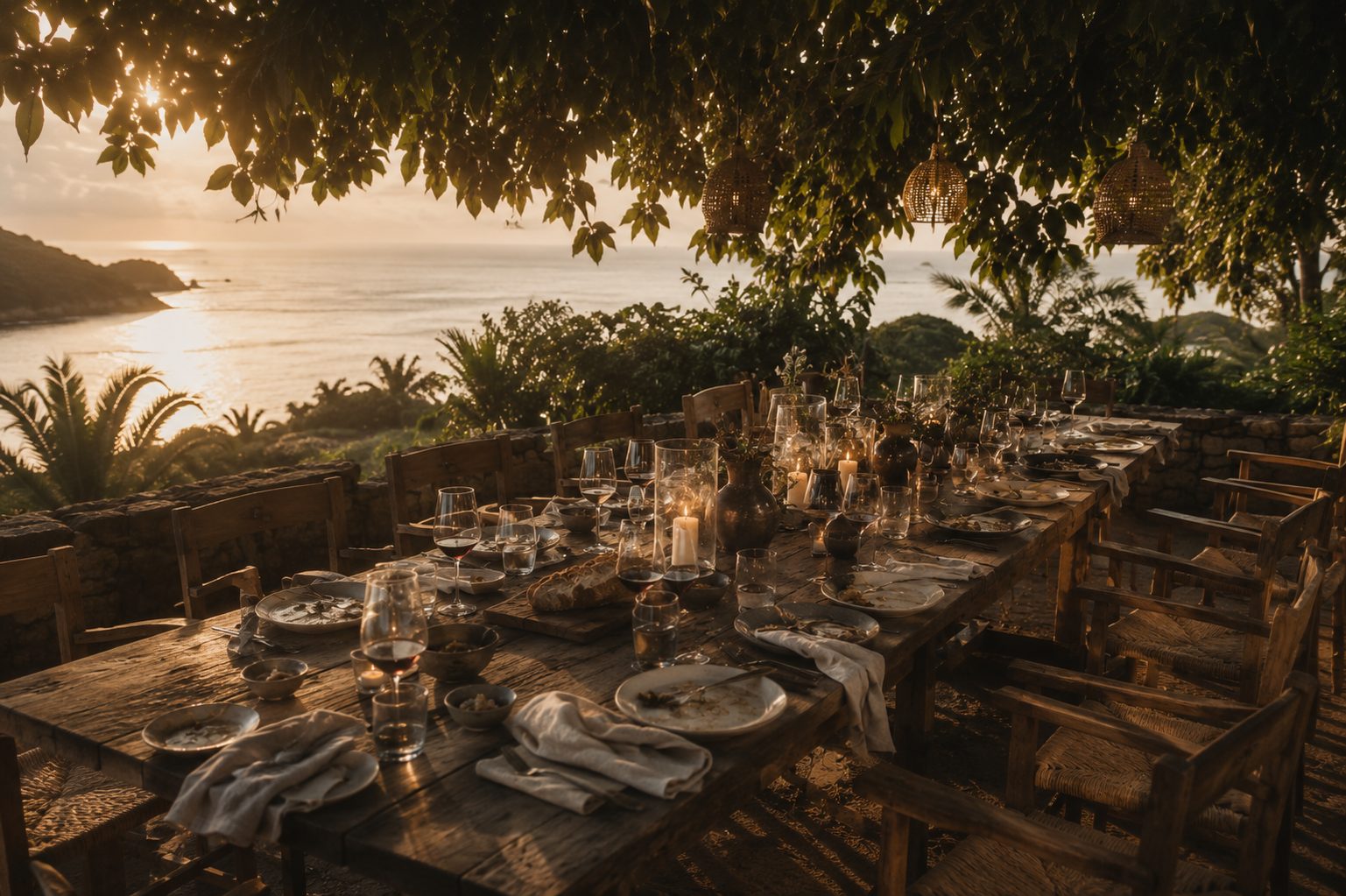 A long table set beneath trees at dusk, sea visible through the branches