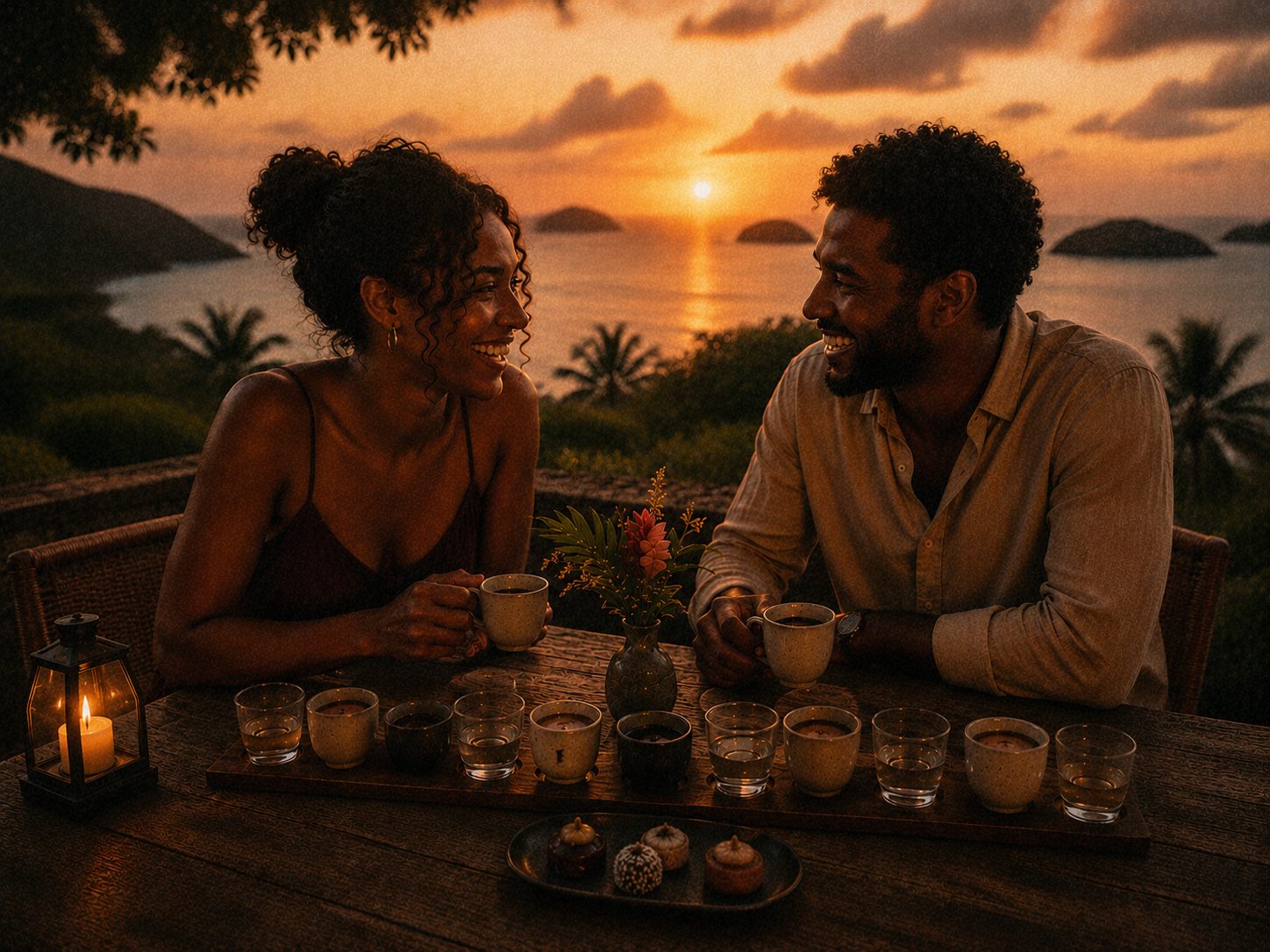A couple sharing coffee and chocolate truffles at sunset, an intimate table overlooking the sea