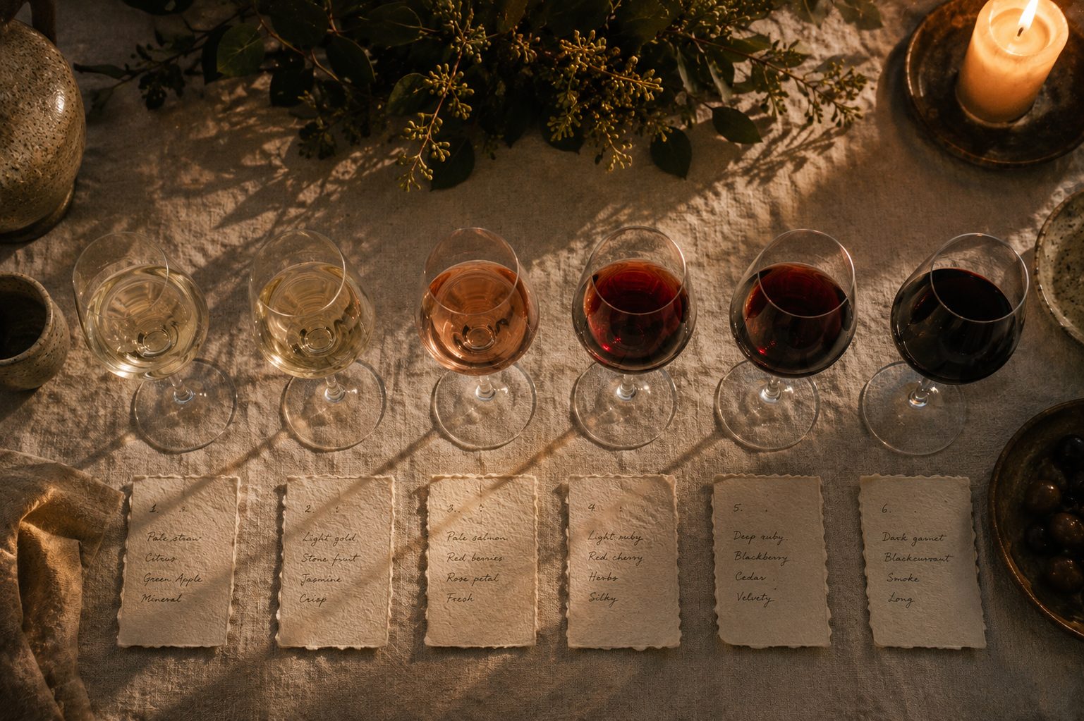 An overhead flat-lay of six wine glasses beside handwritten tasting notes and candlelight