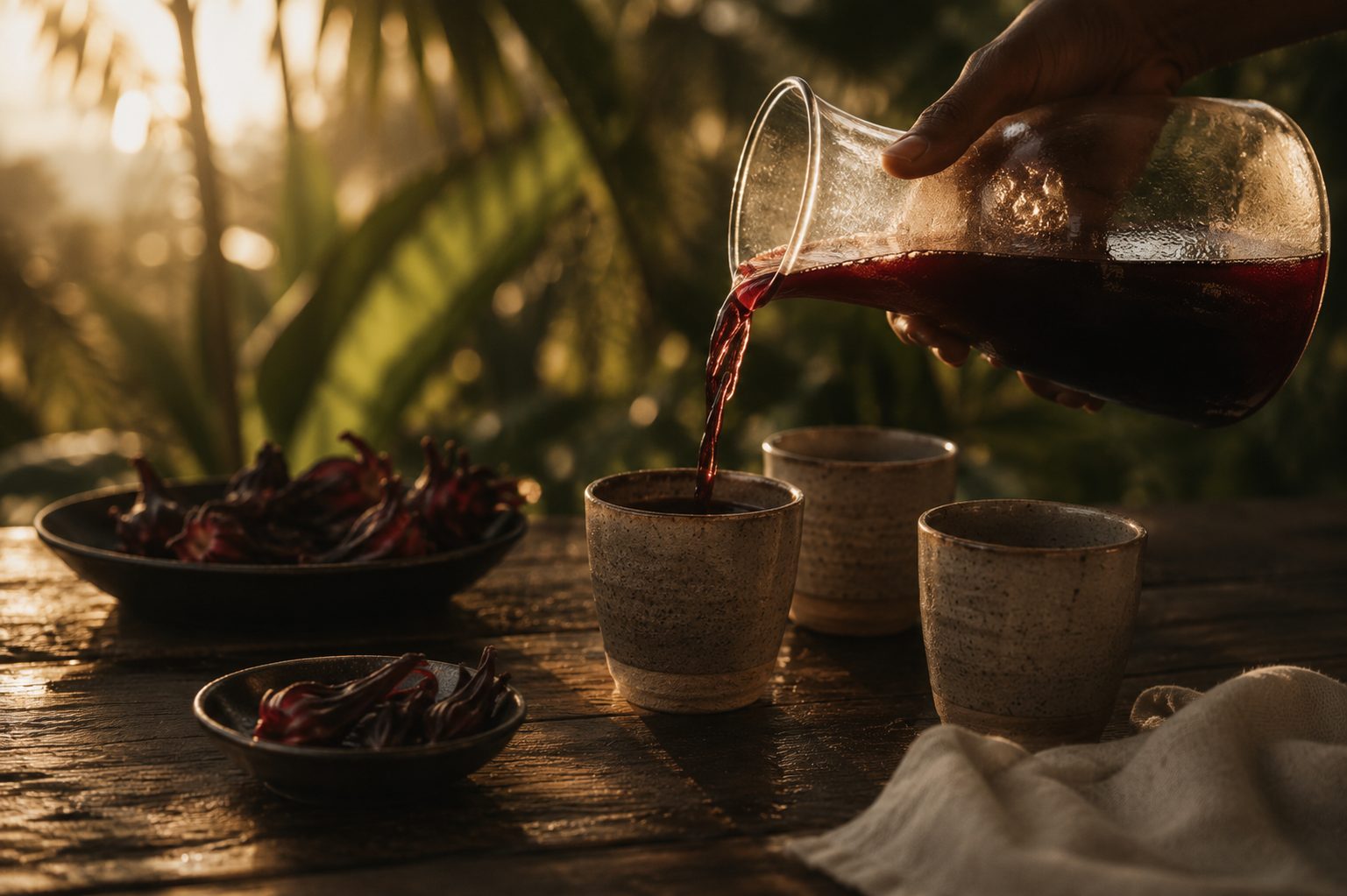 Sorrel wine poured into ceramic cups on a sunlit table, palm shadows behind