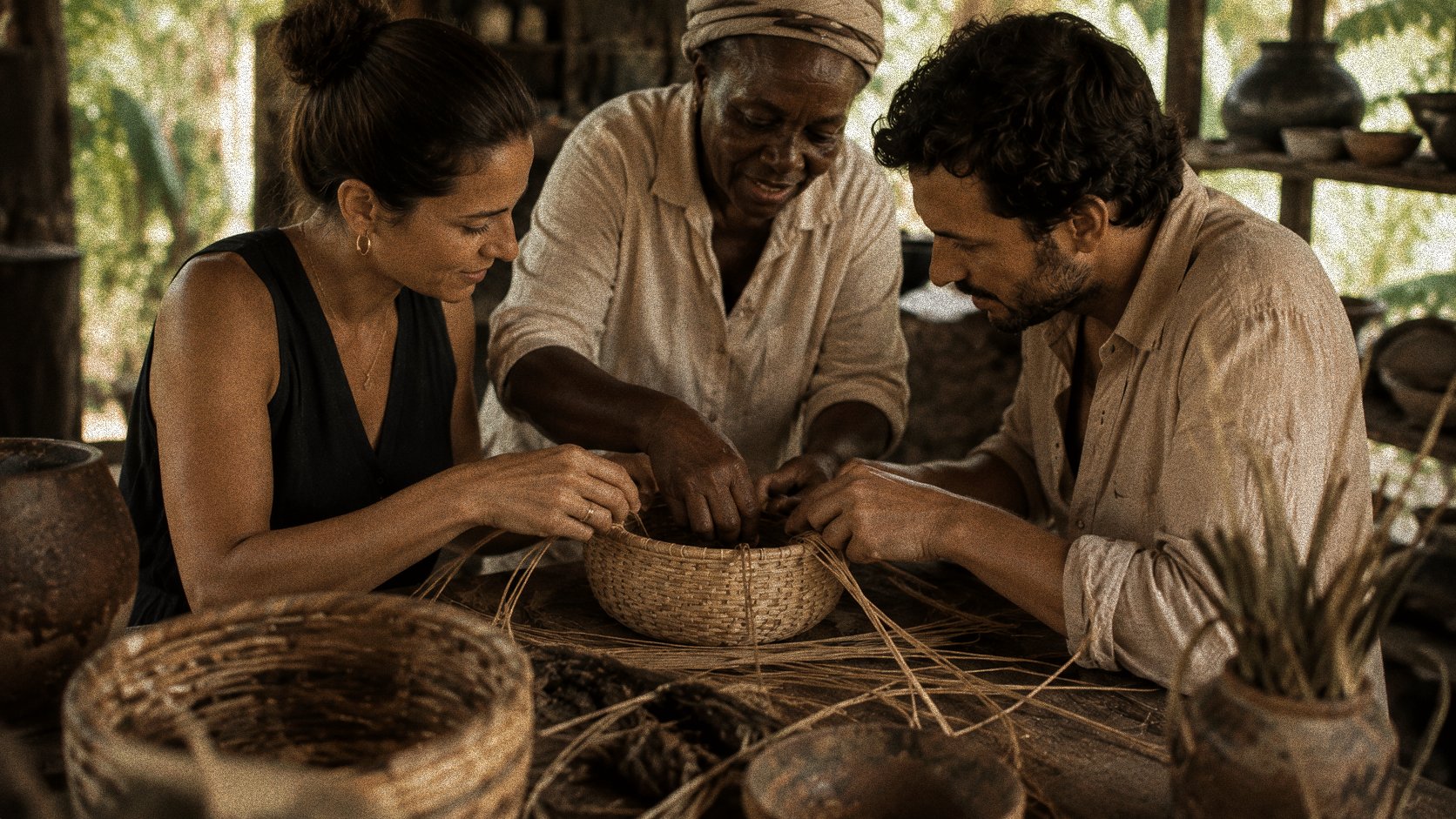 A maker and two guests weaving a basket together, hands-on at the workshop table