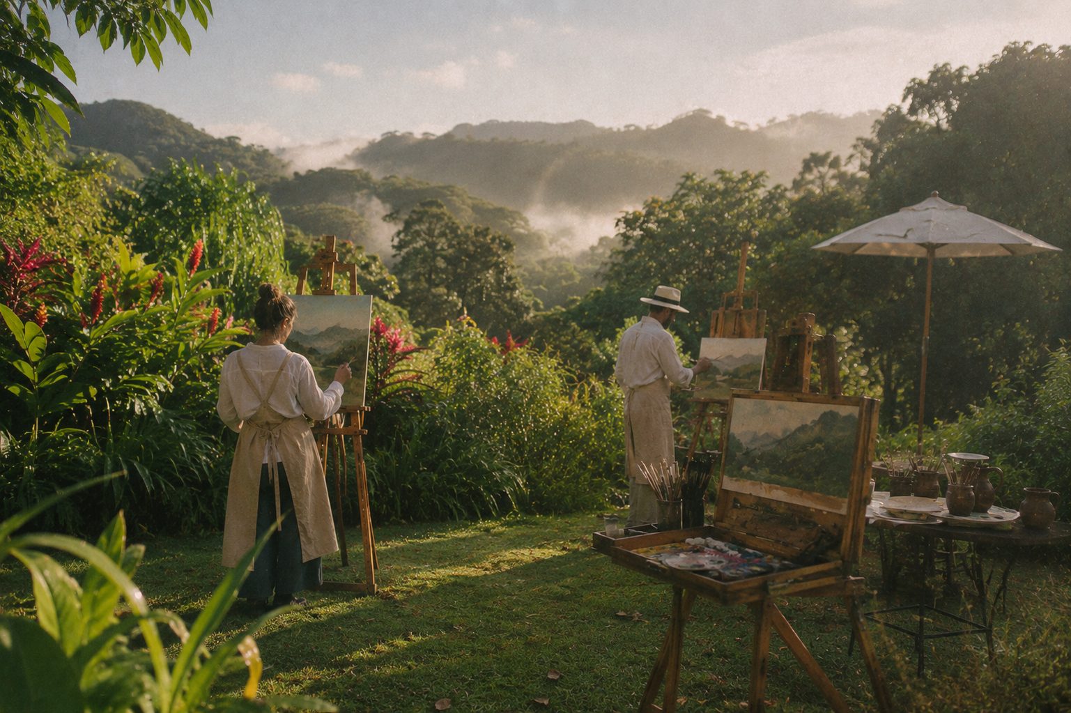 Plein-air painters at their easels in a misty tropical garden at golden hour