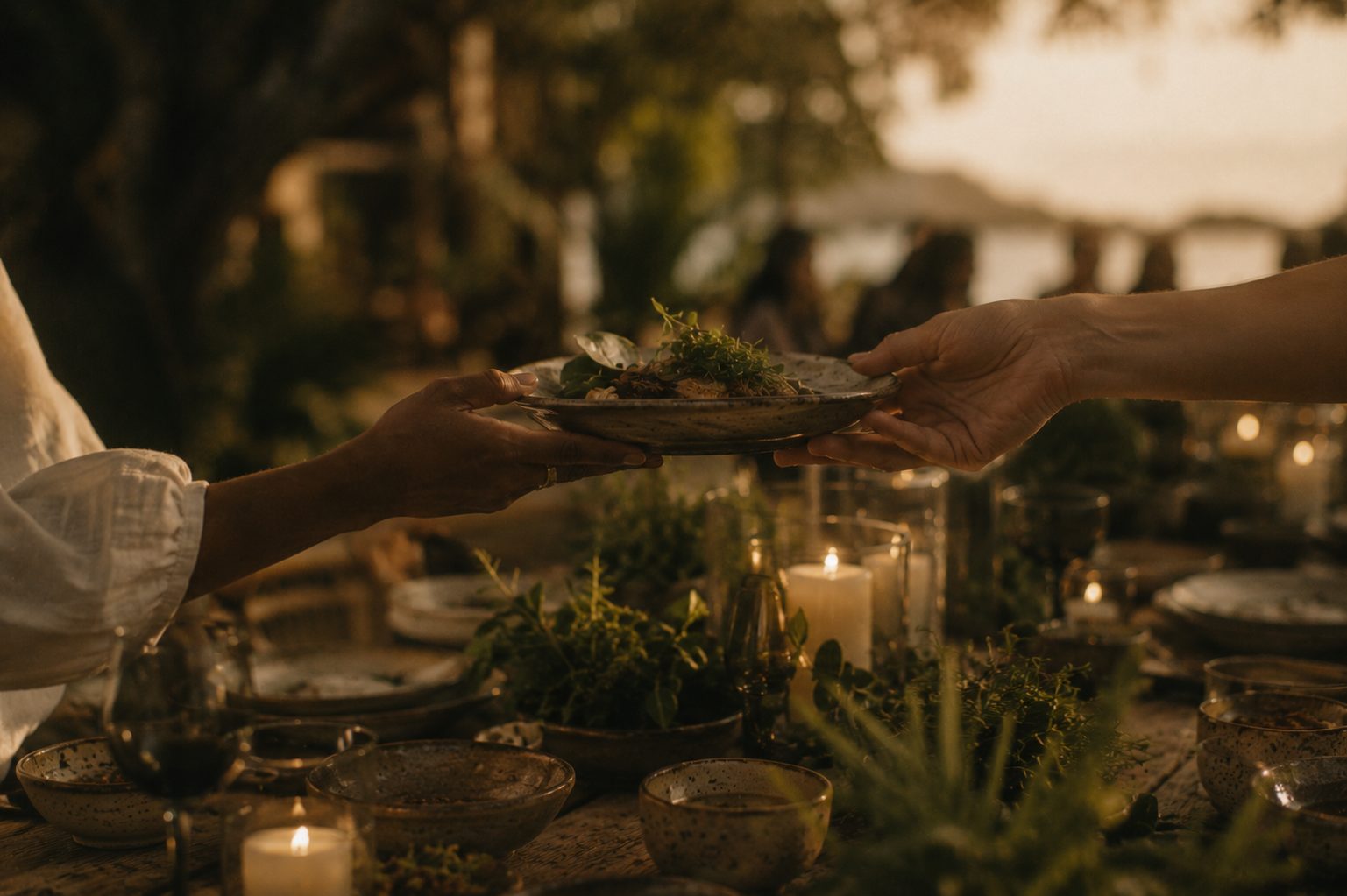 A plate of food being passed hand to hand across a candlelit table, sea visible beyond