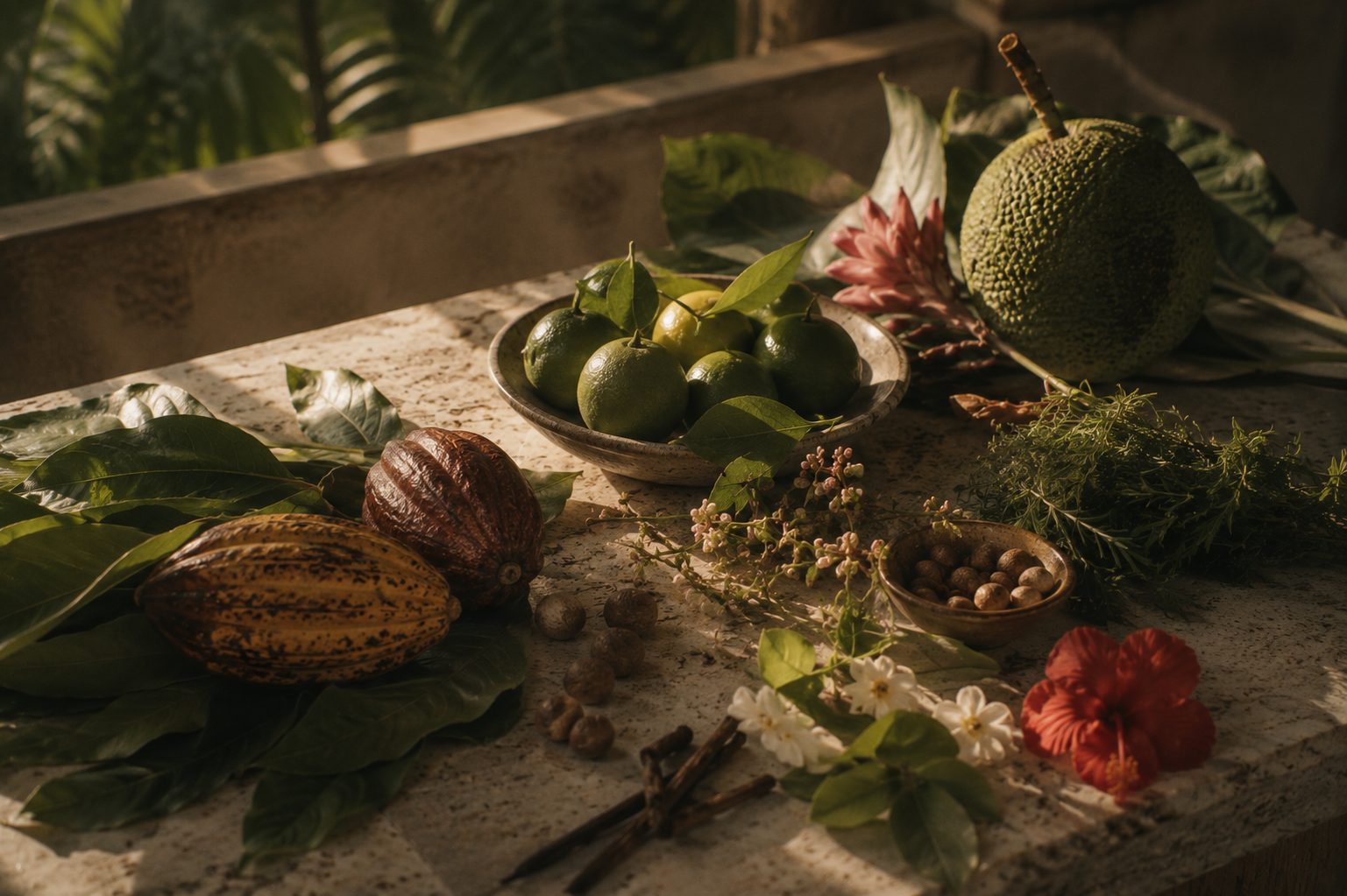 Still life of cacao pods, island citrus, hibiscus and garden herbs on a sunlit stone counter